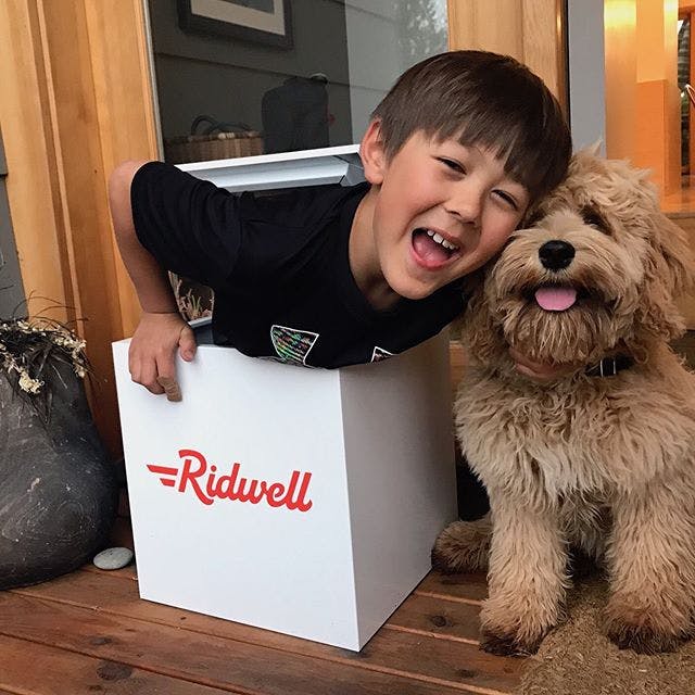Kid in bin with dog