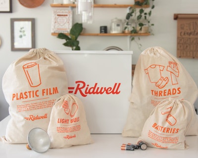 Ridwell bin and bags for plastic film, light bulbs, threads, and batteries