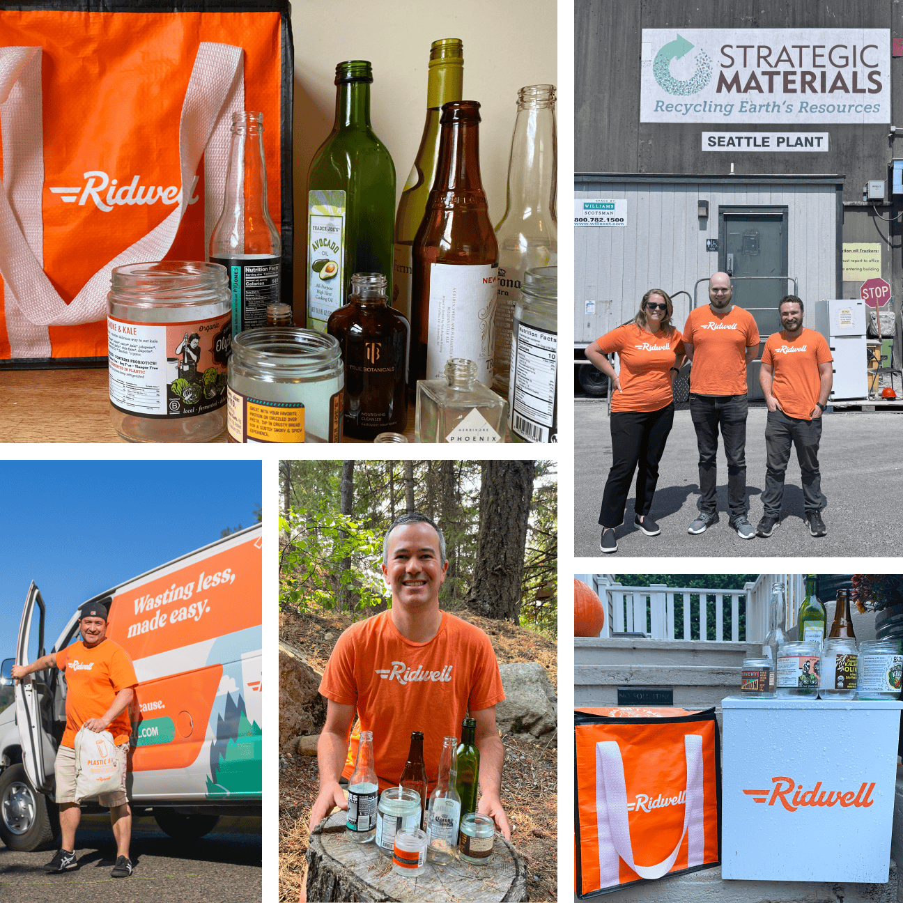 A collage of glass bottles and jars that can be recycled with Ridwell home glass pickup alongside Ridwell team members working to pickup recycled glass and deliver to our recycling partner