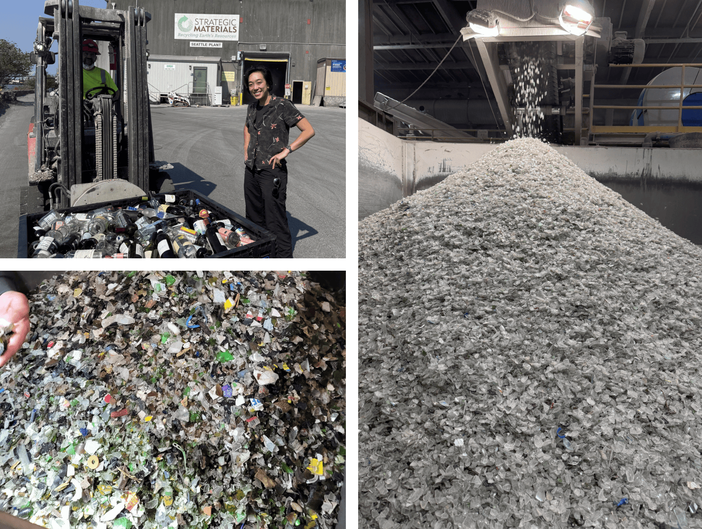 A collage of recycled glass at a Ridwell recycling partner and a Ridwell team member standing with the recycled glass that Ridwell picks up